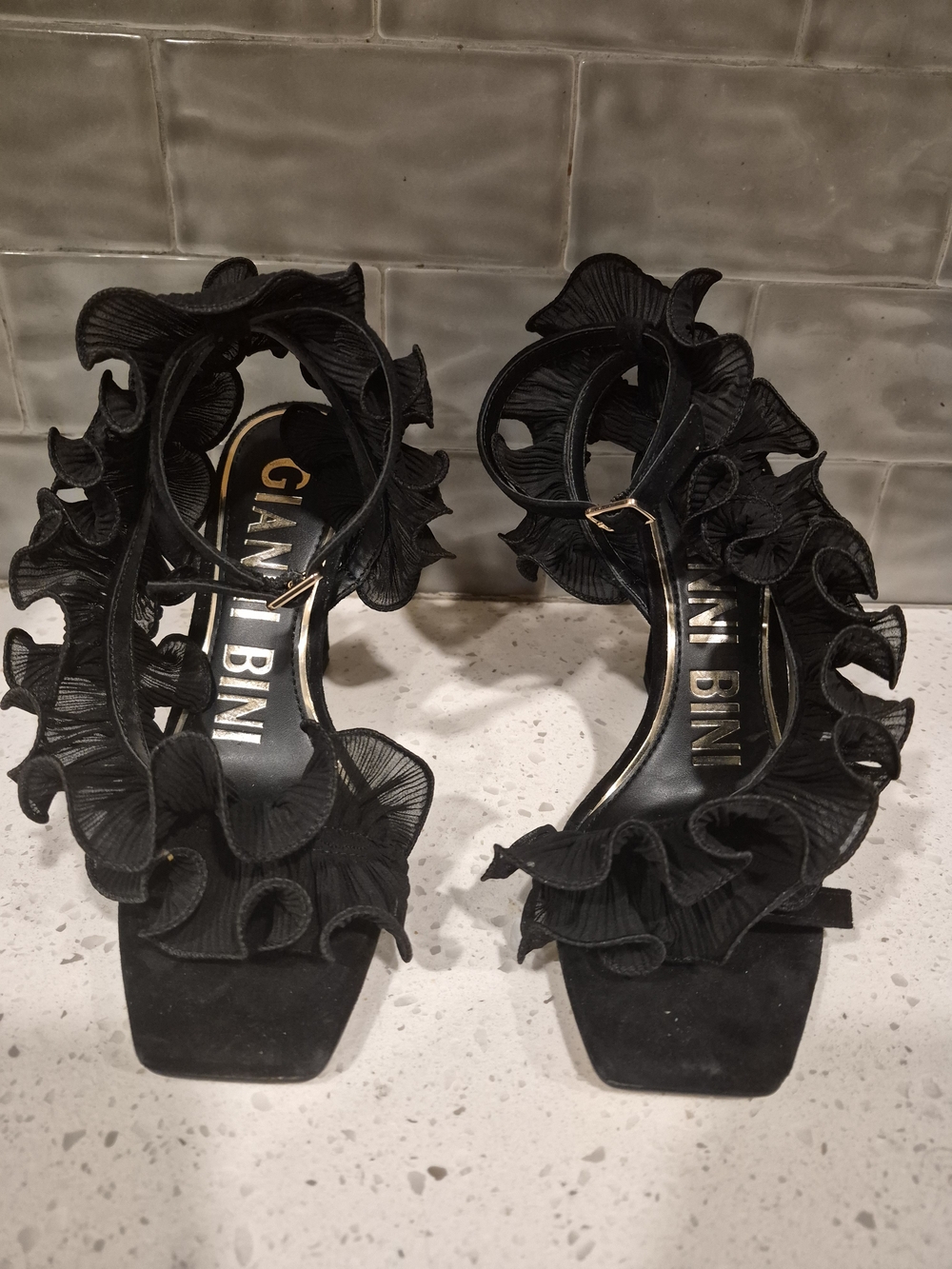 Gianni Bini Black Ruffle Ankle-Strap Sandals